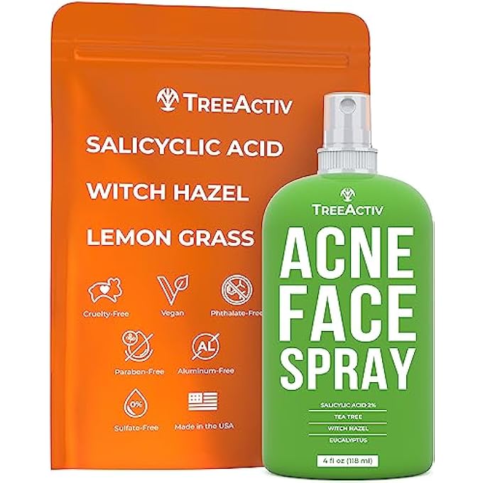 TreeActiv ACNE TREATMENT FACE SPRAY, 4 FL OZ | REDUCES OCCURRENCE OF HORMONAL, SEVERE, & CYSTIC ACNE, CLARIFYING SALICYLIC ACID FACE MIST FOR MEN & WOMEN | PORE MINIMIZER FOR FACE | 1000+ SPRAYS - Image 1